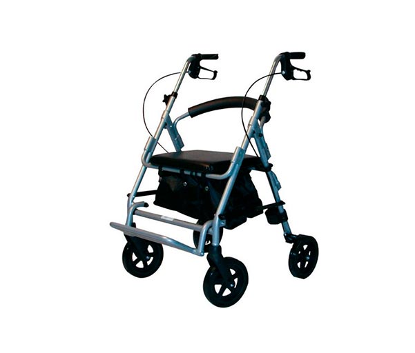 Andador rollator con reposapiés, asiento y cesta.