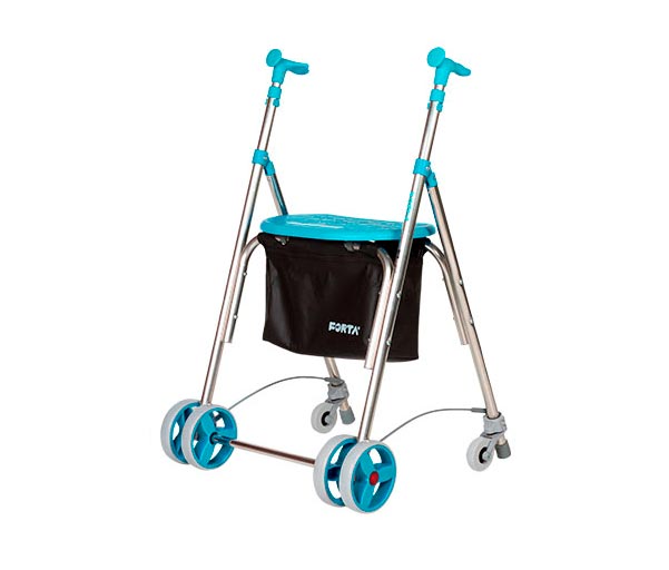 Andador de aluminio con asiento, cesta y ruedas basculantes traseras.