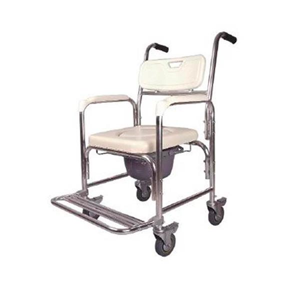 Silla de ruedas con wc y apta para ducha con reposapiés abatibles.